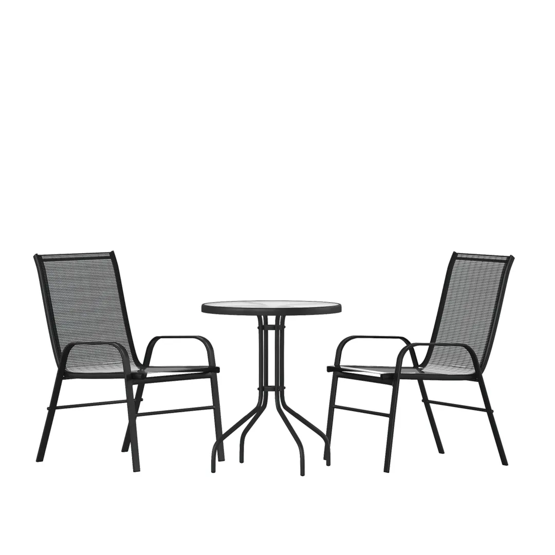 Flash Furniture TLH-0701303C-GG Brazos 3 Piece Outdoor Patio Dining Set with 23.75" Round Tempered Glass Table and 2 Black Flex Comfort Stack Chairs
