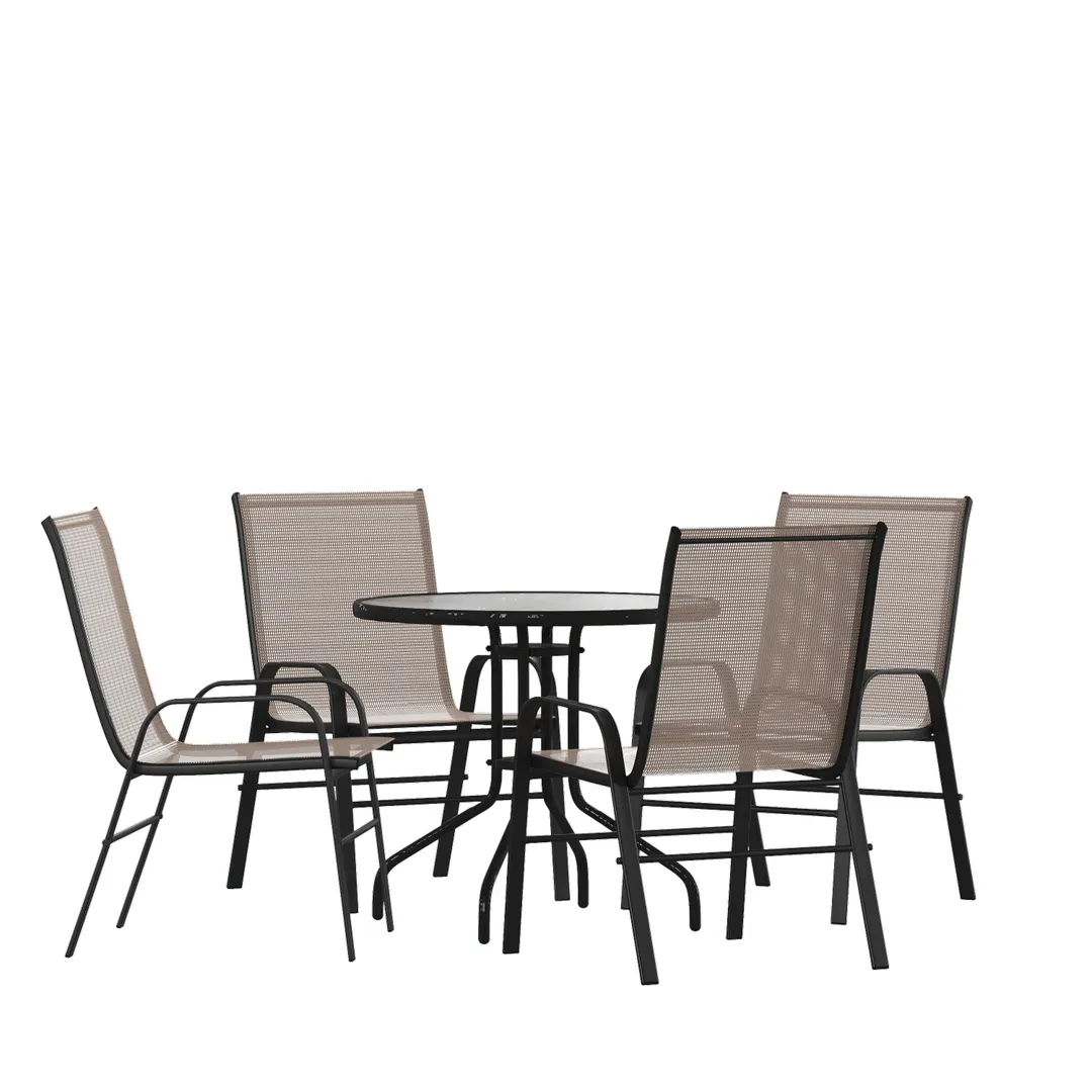 Flash Furniture TLH-0702303C-BN-GG Brazos 5 Piece Outdoor Patio Dining Set, 31.5" Round Tempered Glass Table, 4 Brown Flex Comfort Chairs