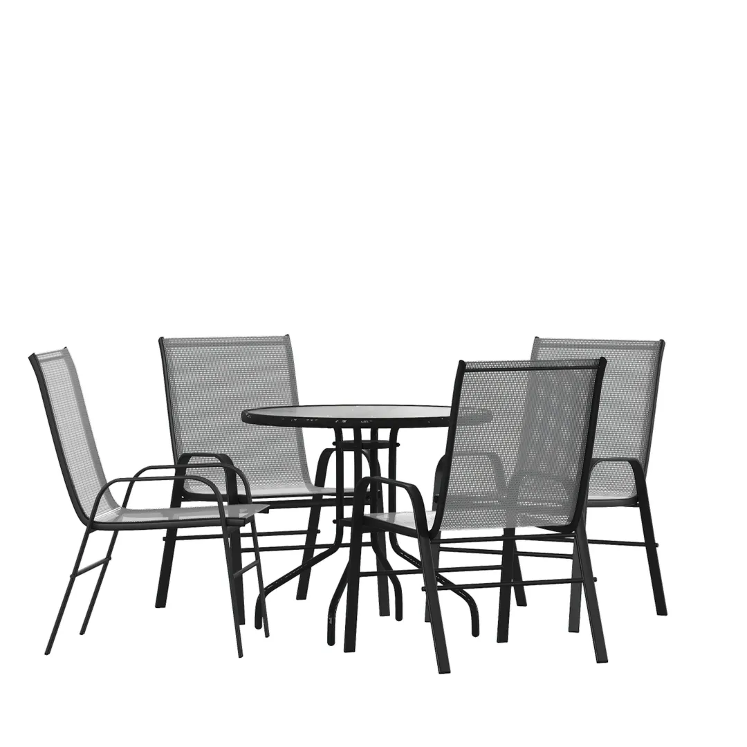 Flash Furniture TLH-0702303C-GY-GG Brazos 5 Piece Outdoor Patio Dining Set, 31.5" Round Tempered Glass Table, 4 Gray Flex Comfort Stack Chairs