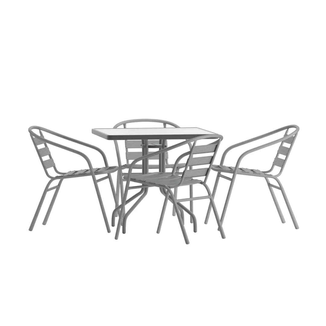Flash Furniture TLH-0732SQ-017CSV4-GG Lila 31.5x31.5 Square Glass Top Metal Table with 4 Silver Aluminum Slat Stack Chairs