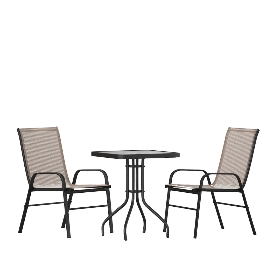 Flash Furniture TLH-073A1303C-BN-GG Brazos 3 Piece Outdoor Patio Dining Set with 23.5" Square Tempered Glass Table and 2 Brown Flex Comfort Stack Chairs