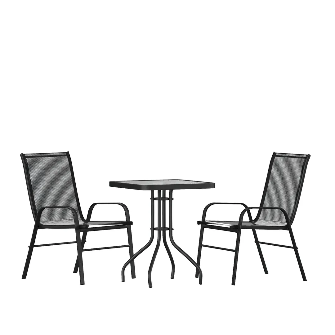 Flash Furniture TLH-073A1303C-GG Brazos 3 Piece Outdoor Patio Dining Set with 23.5" Square Tempered Glass Table and 2 Black Flex Comfort Stack Chairs