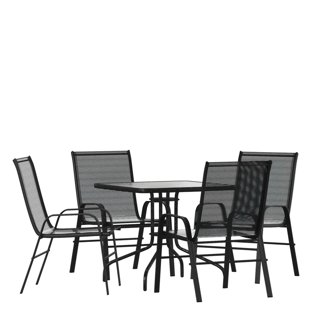 Flash Furniture TLH-073A2303C-GG Brazos 5 Piece Outdoor Patio Dining Set, 31.5" Square Tempered Glass Table, 4 Black Flex Comfort Chairs