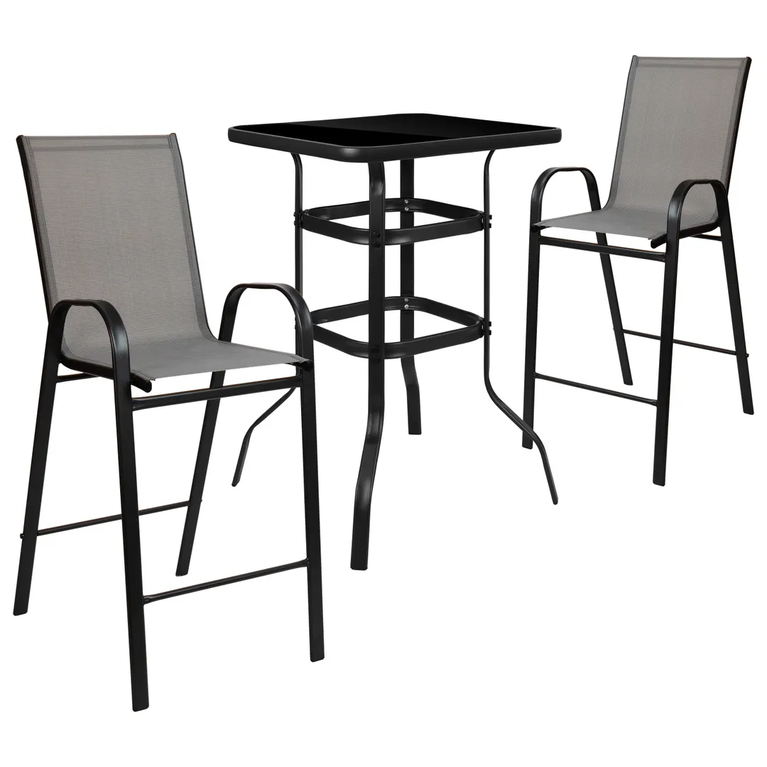 Flash Furniture TLH-073H092H-GR-GG 2-Person Outdoor Bistro Set, 27" Square Glass Table, 40"H, 2 Gray Stools