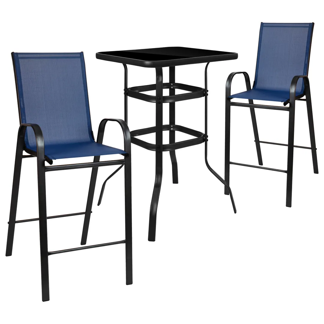 Flash Furniture TLH-073H092H-NV-GG 2-Person Outdoor Dining Set, Navy Stools, 27x27 Square Glass Table, 40 Height