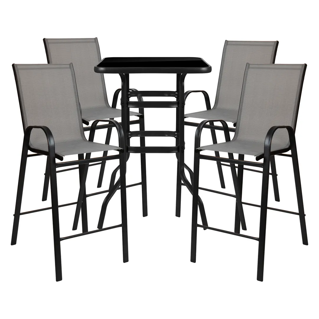 Flash Furniture TLH-073H092H4-GR-GG 4-Person Outdoor Dining Set, 27x27 Square Glass Table, 40 Height, 4 Gray Stools