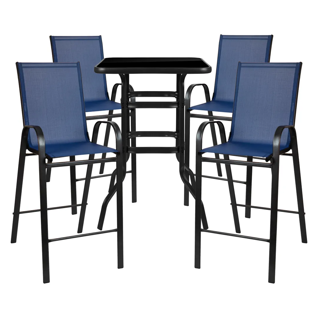 Flash Furniture TLH-073H092H4-NV-GG 4-Person Outdoor Dining Set, 27x27 Square Glass Table, Navy Stools, 40 Height