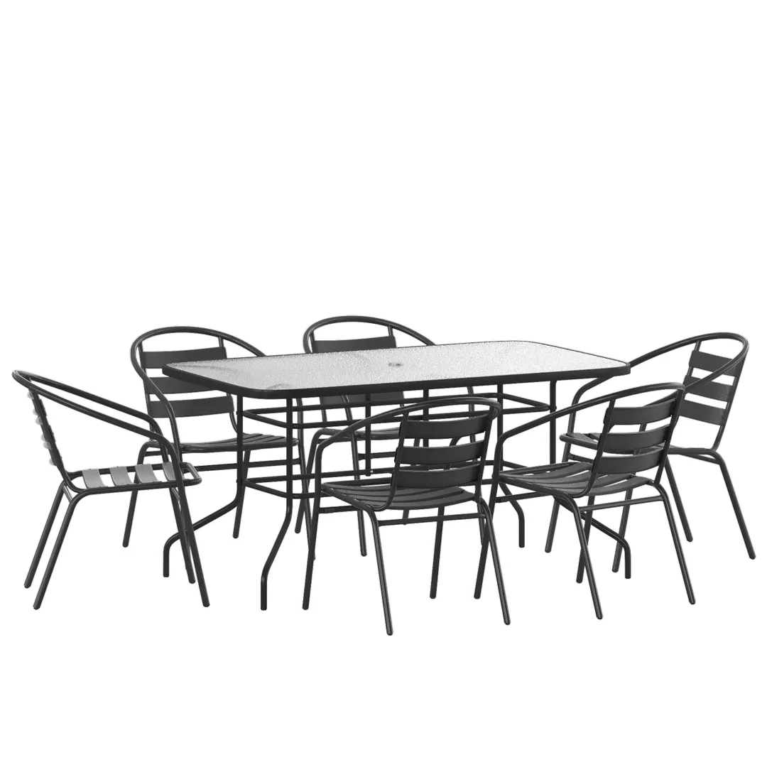 Flash Furniture TLH-089REC-017CBK6-GG Lila 7 Piece Patio Dining Set - 55" Tempered Glass Table with Umbrella Hole, 6 Black Aluminum Chairs