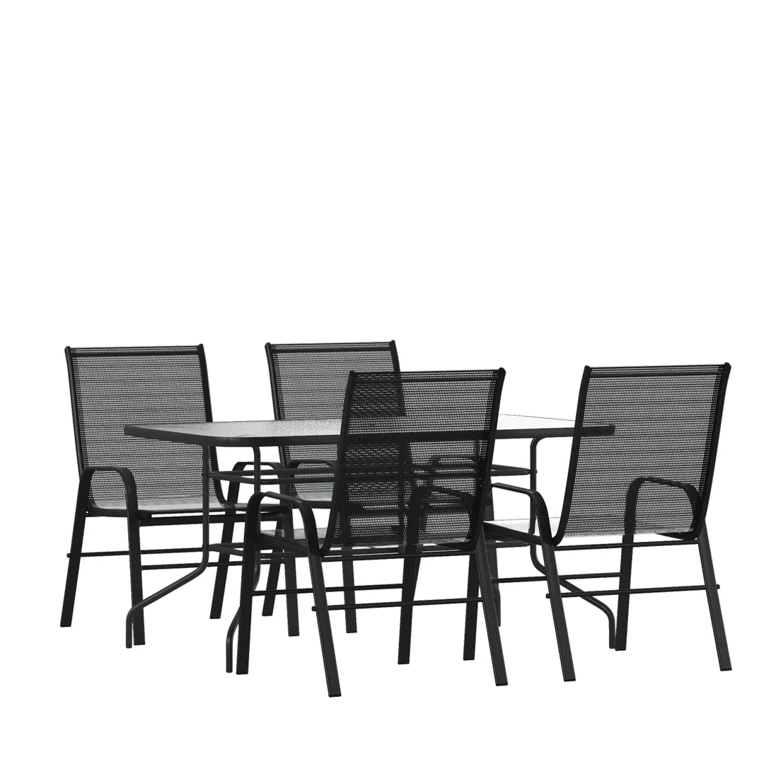 Flash Furniture TLH-089REC-303CBK4-GG Brazos 5 Piece Outdoor Patio Dining Set, 55" Table, 4 Black Stack Chairs