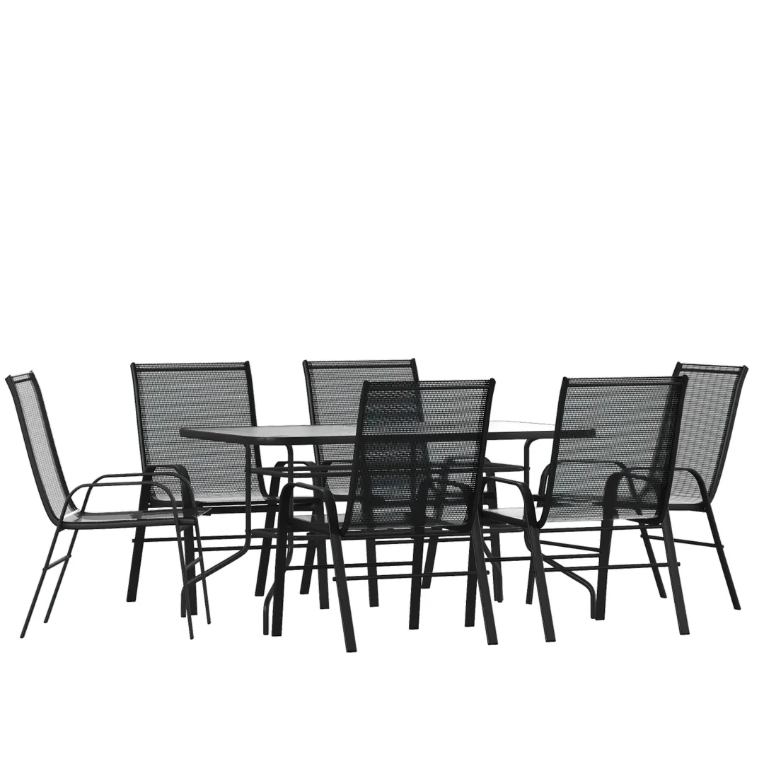 Flash Furniture TLH-089REC-303CBK6-GG 7 Piece Outdoor Patio Dining Set, 55" Glass Table, 6 Black Stack Chairs