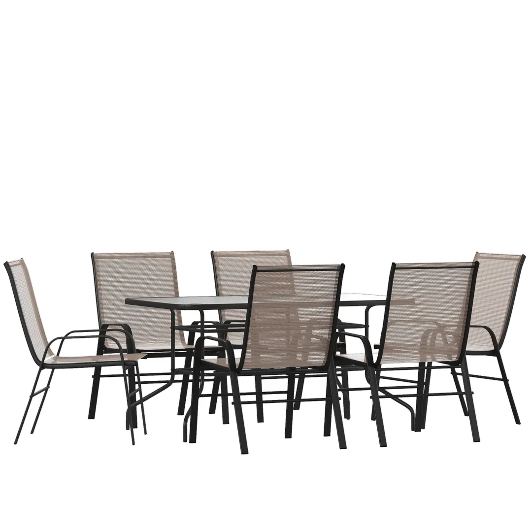 Flash Furniture TLH-089REC-303CBN6-GG Brazos 7 Piece Outdoor Patio Dining Set with 55" Glass Table & 6 Brown Stack Chairs
