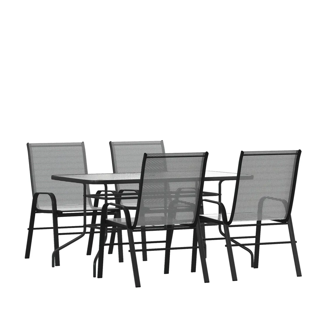 Flash Furniture TLH-089REC-303CGY4-GG Brazos 5 Piece Outdoor Patio Dining Set, 55" Tempered Glass Table, 4 Gray Flex Comfort Chairs