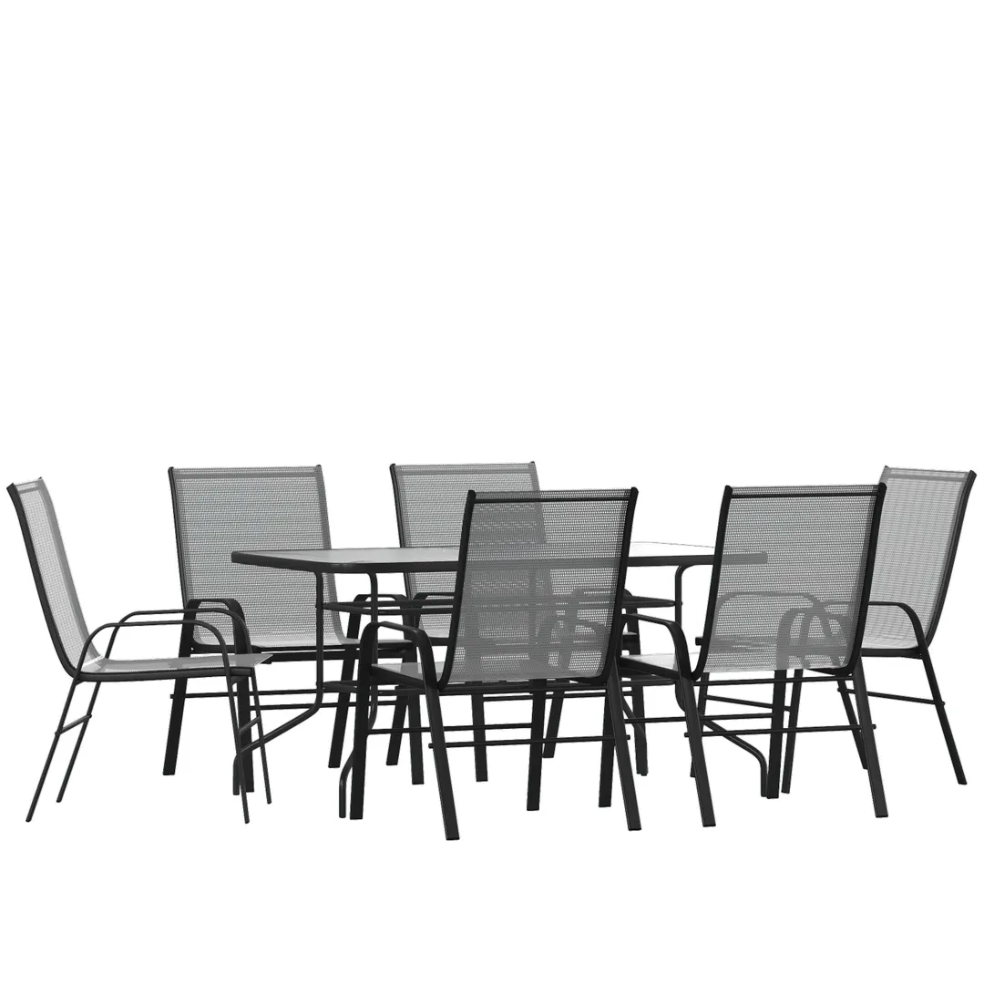 Flash Furniture TLH-089REC-303CGY6-GG Brazos 7 Piece Outdoor Patio Dining Set, 55" Tempered Glass Table, 6 Gray Flex Comfort Chairs