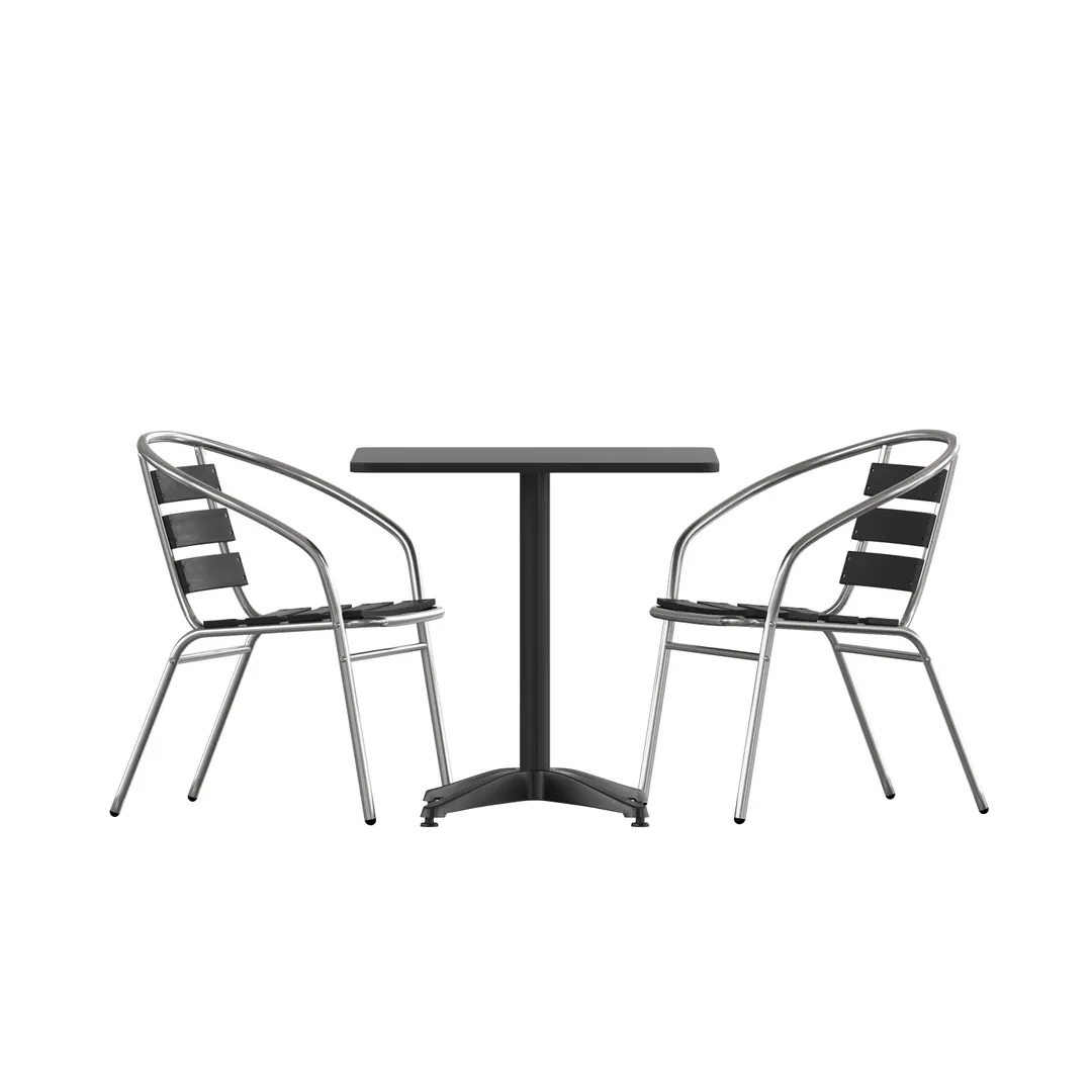 Flash Furniture TLH-ALUM-28SQ-017BK2-GG Lila 27.5x27.5 Square Metal Table Set with 2 Black Aluminum Chairs