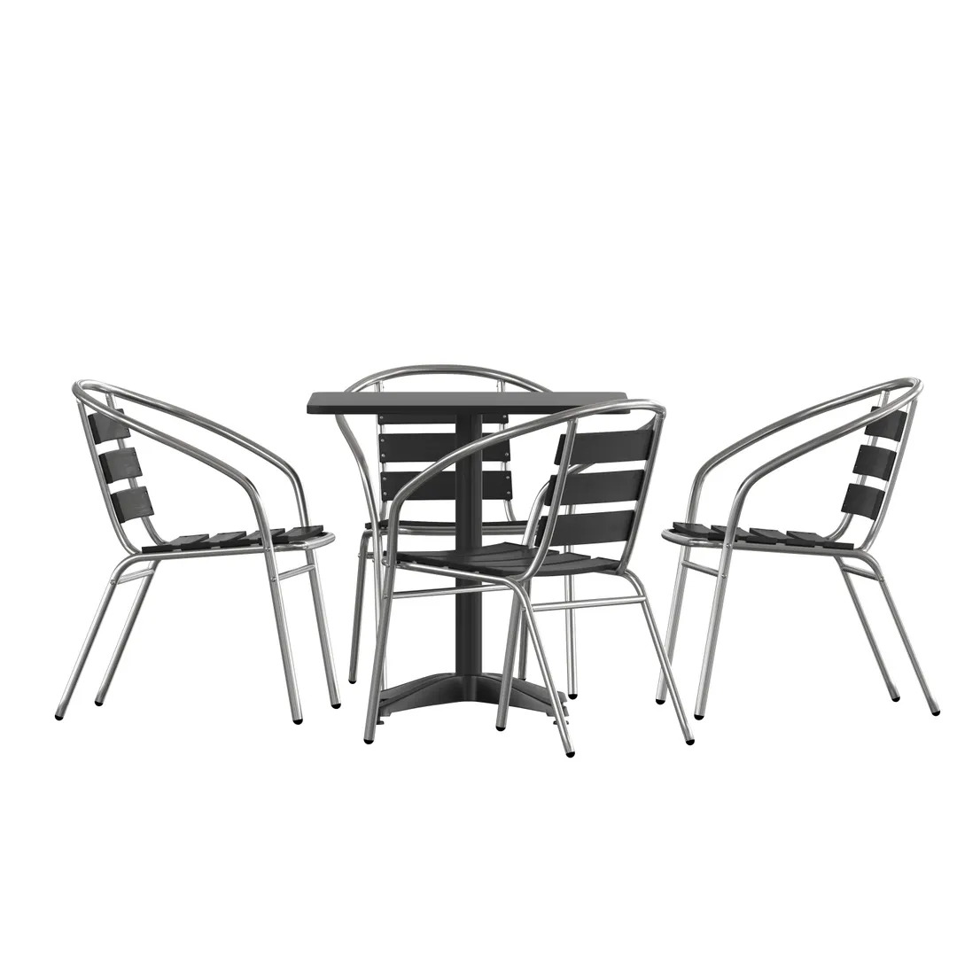 Flash Furniture TLH-ALUM-28SQ-017BK4-GG Lila 27.5 Square Aluminum Table Set with 4 Black Slatted Chairs