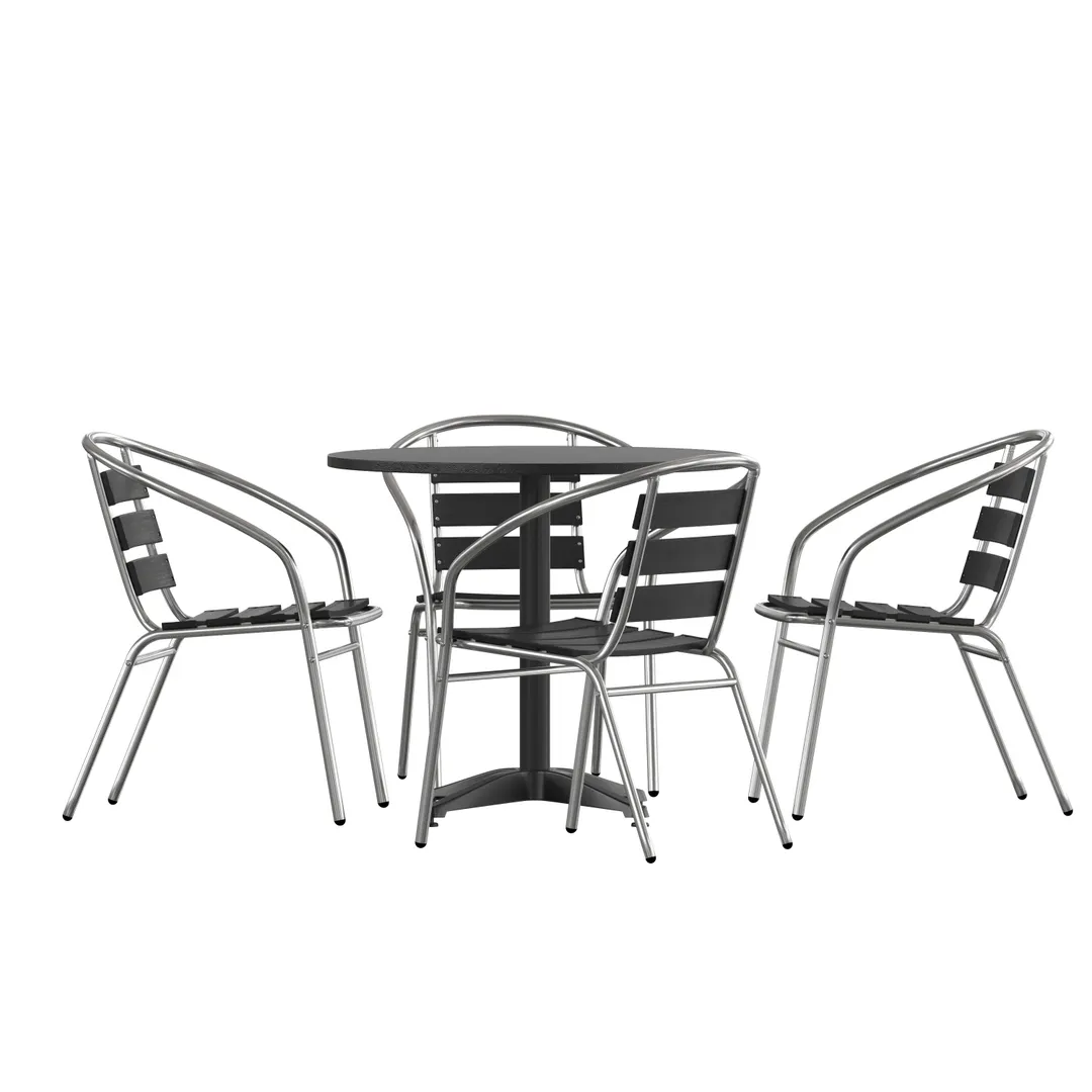 Flash Furniture TLH-ALUM-32RD-017BK4-GG Lila 31.5in Round Aluminum Table Set with 2 Black Slat Back Chairs
