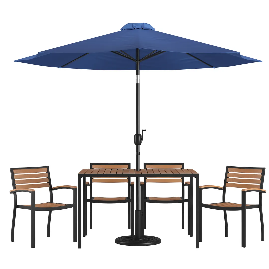 Flash Furniture XU-DG-304860064-UB19BNV-GG 48" Rectangular Patio Dining Table Set with Navy Umbrella and 4 Stacking Chairs