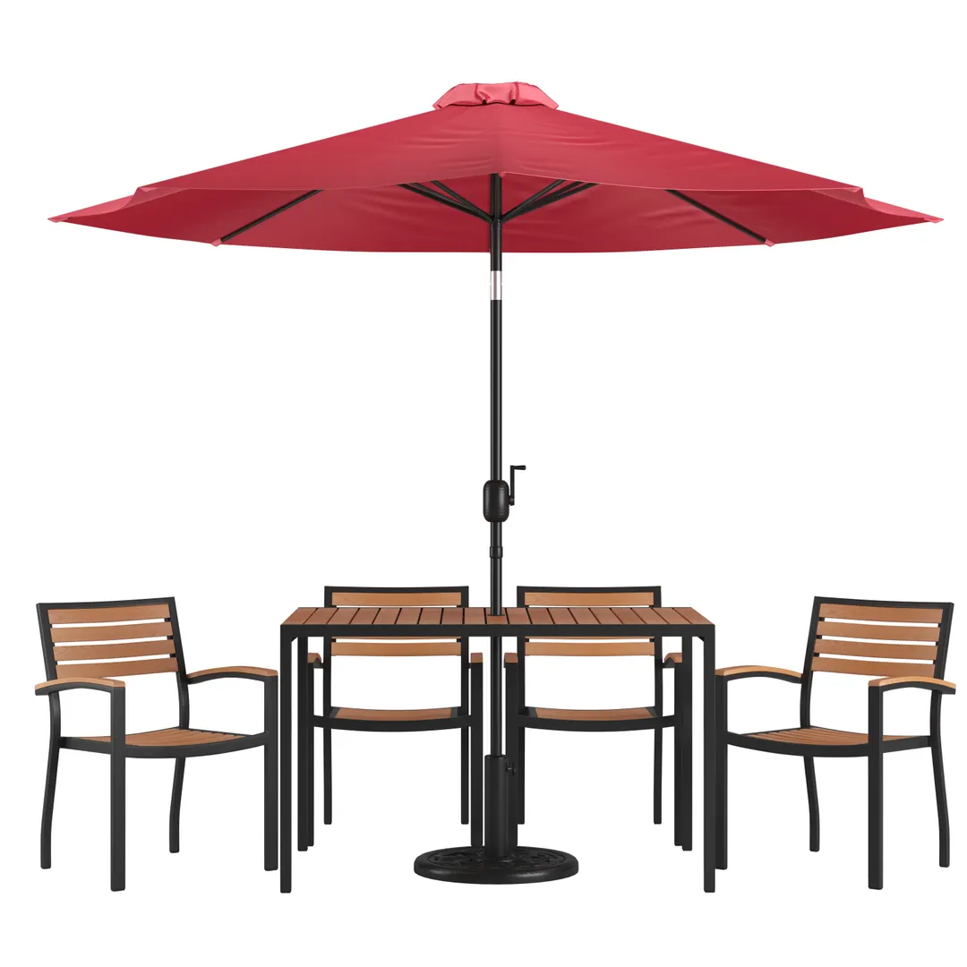 Flash Furniture XU-DG-304860064-UB19BRD-GG 48" Rectangular Patio Dining Table Set with Red Umbrella, 29"H, 4 Stacking Chairs, Teak Accents