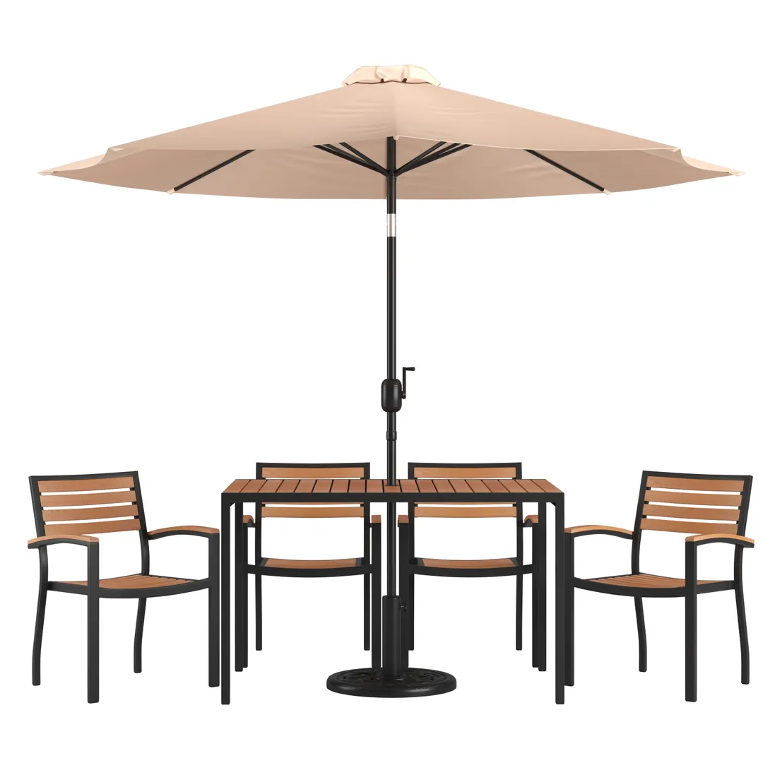 Flash Furniture XU-DG-304860064-UB19BTN-GG 48"W Rectangular Patio Dining Table Set with 4 Stacking Chairs, Tan Umbrella, Steel Frame