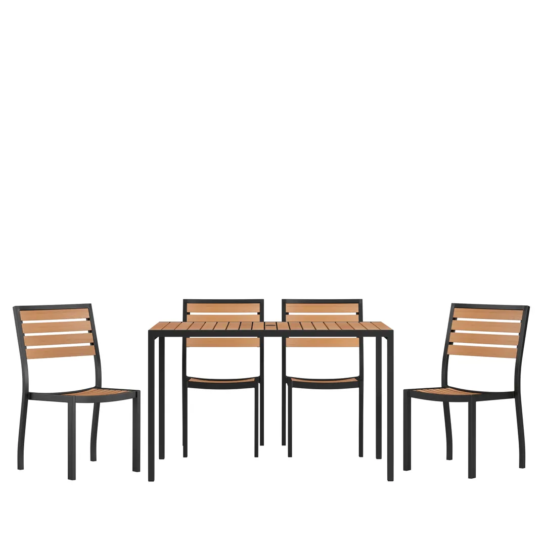 Flash Furniture XU-DG-304860364-GG Patio Dining Set, 48" Rectangular Table, Synthetic Teak Top, 4 Stacking Chairs, 29"H