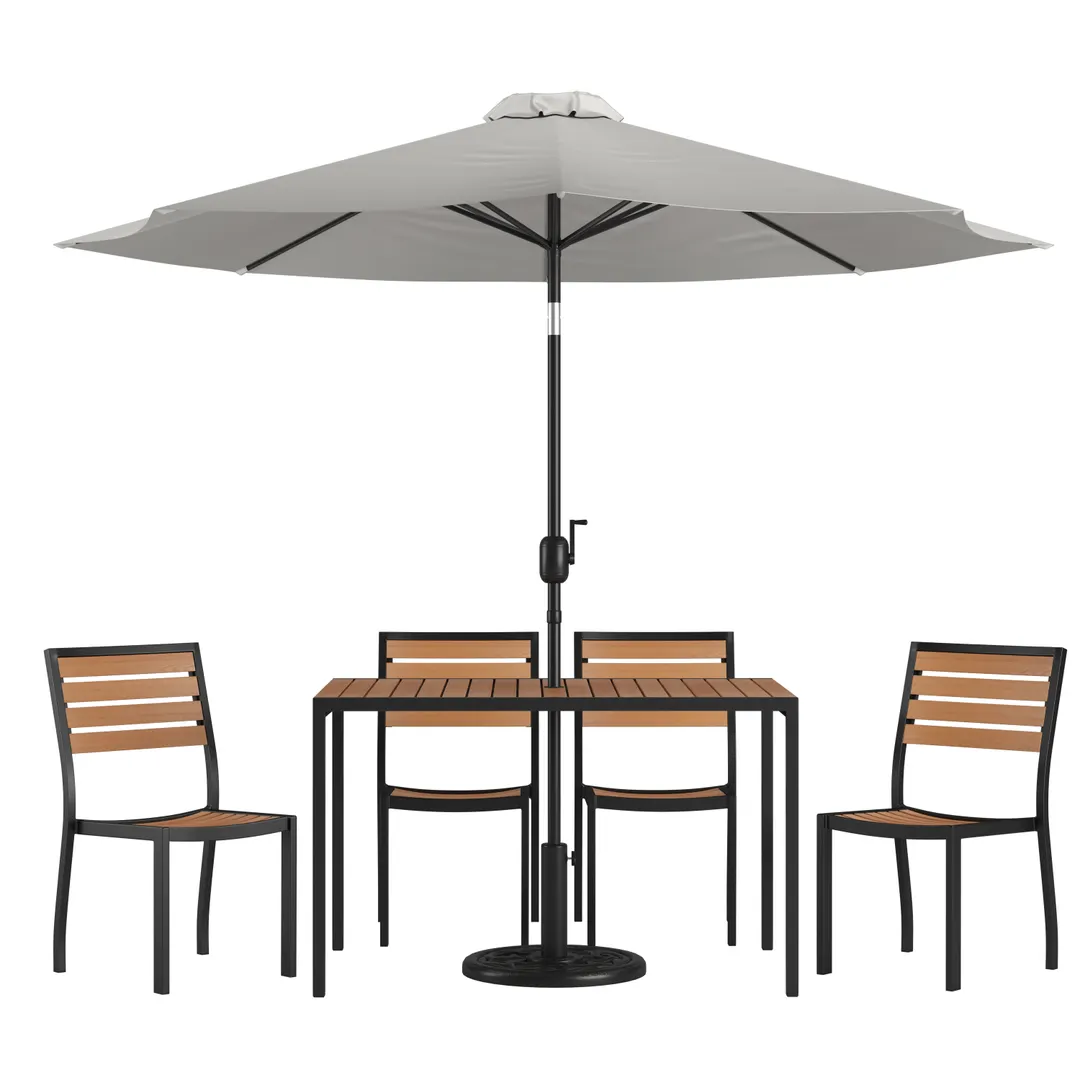 Flash Furniture XU-DG-304860364-UB19BGY-GG 48" Rectangular Patio Dining Table Set, Synthetic Teak, Gray Umbrella, 4 Stacking Chairs