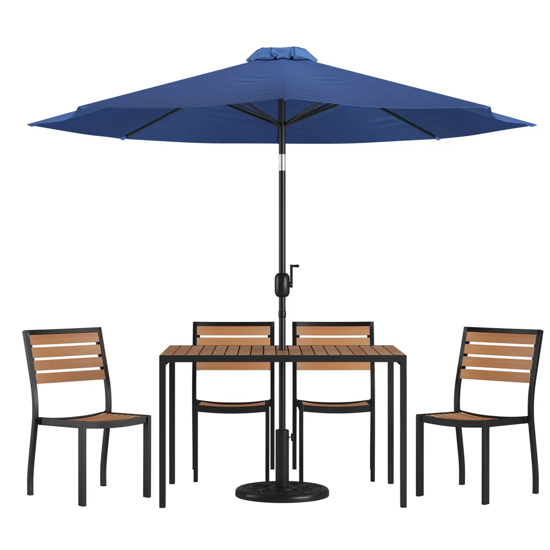 Flash Furniture XU-DG-304860364-UB19BNV-GG 48" Rectangular Patio Dining Table Set, Synthetic Teak, Navy Umbrella, 4 Stacking Chairs