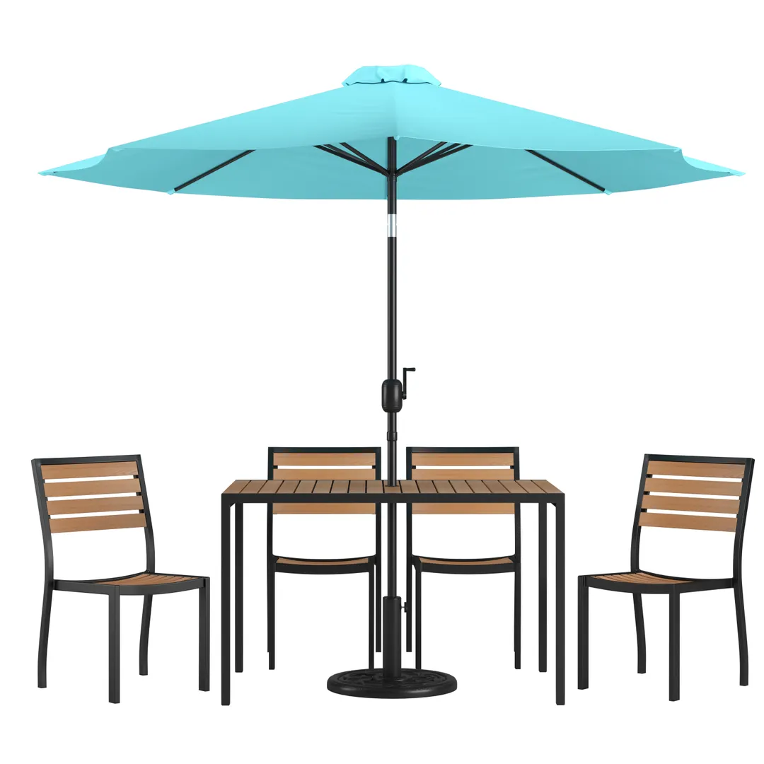 Flash Furniture XU-DG-304860364-UB19BTL-GG 48" Rectangular Patio Dining Table Set with 4 Stacking Chairs, Teal Umbrella, Synthetic Teak