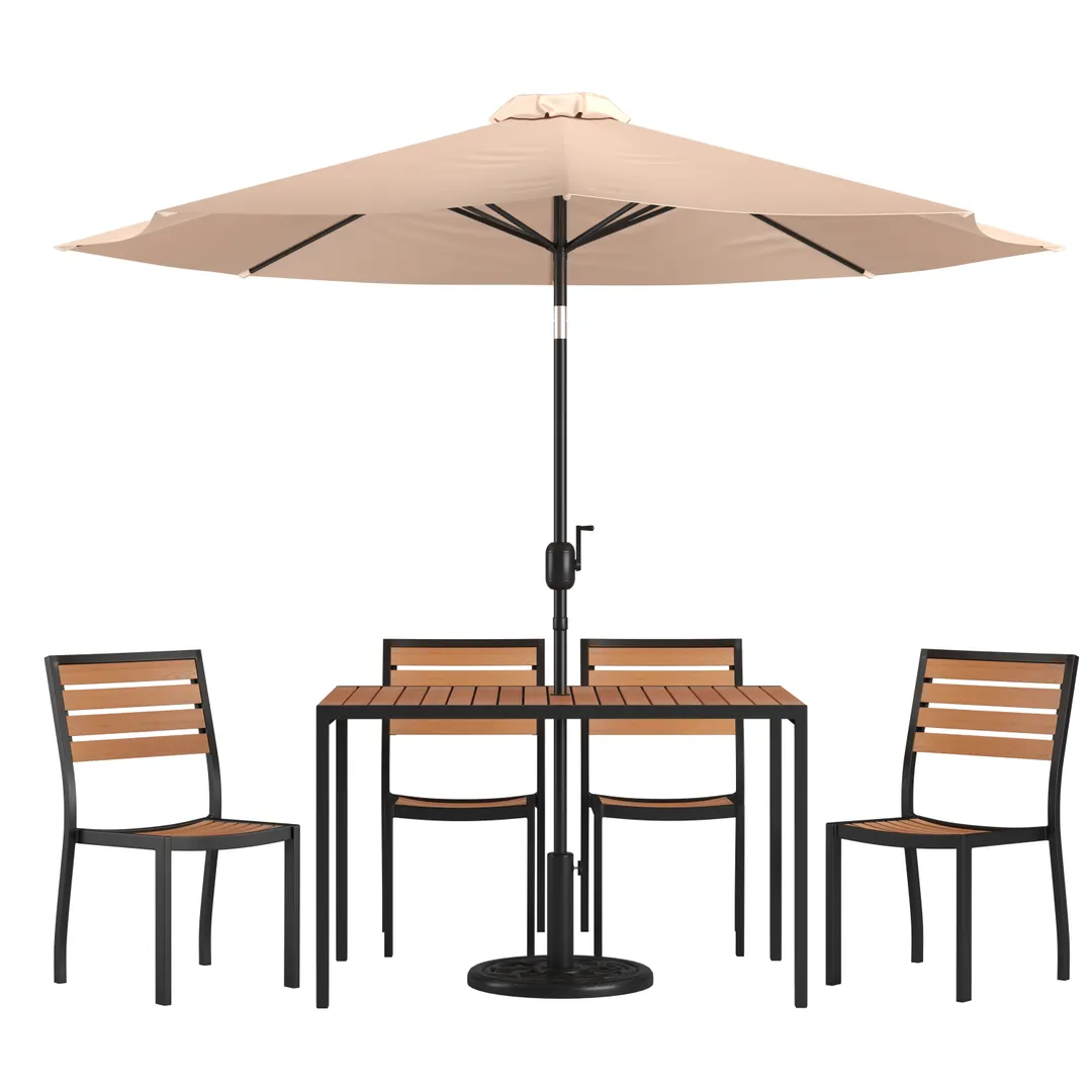 Flash Furniture XU-DG-304860364-UB19BTN-GG 48" Rectangular Patio Dining Table Set, Synthetic Teak, 29"H, 4 Stacking Chairs, Tan Umbrella