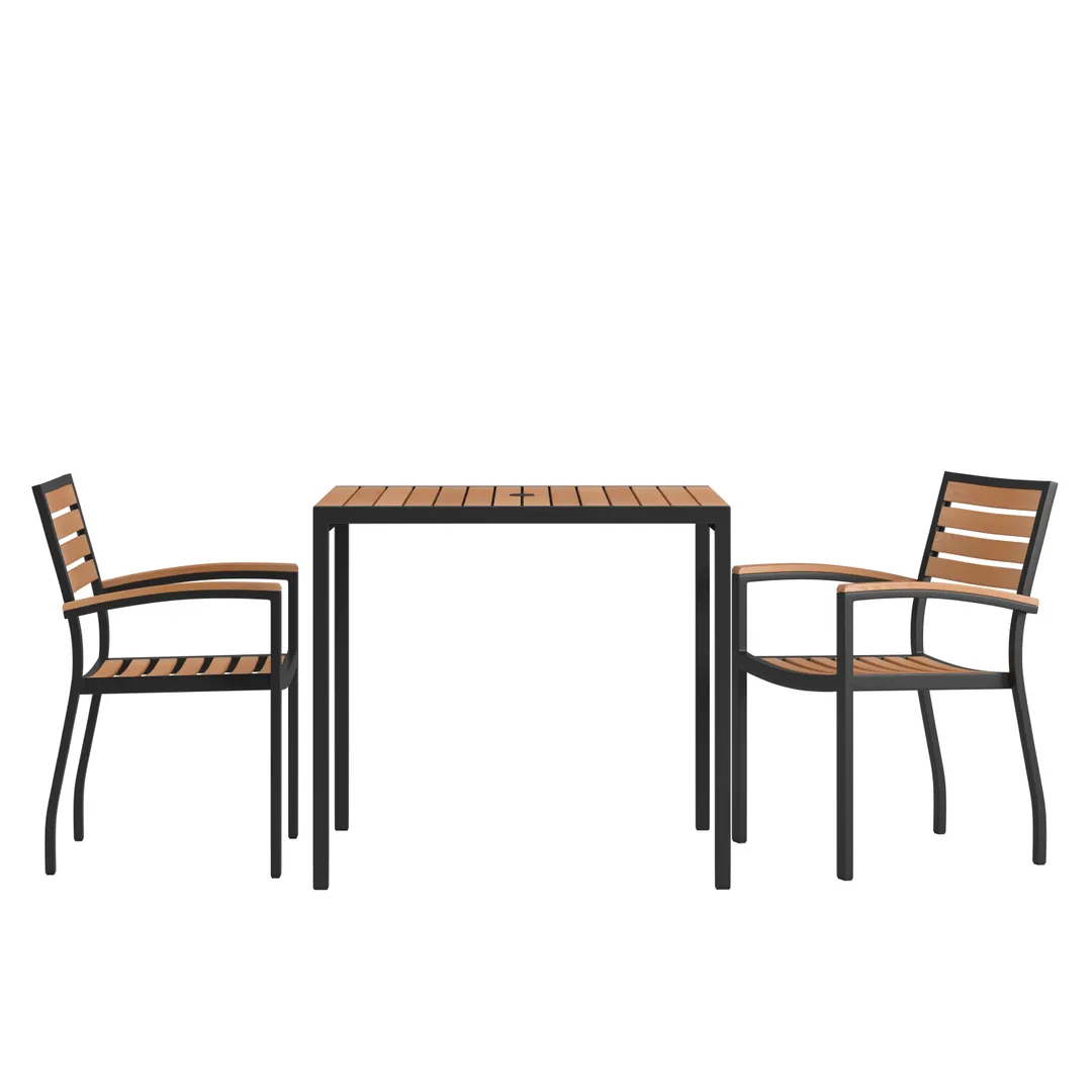 Flash Furniture XU-DG-810060062-GG 35" Square Patio Dining Table Set, Synthetic Teak Top, Steel Frame, 2 Stacking Chairs