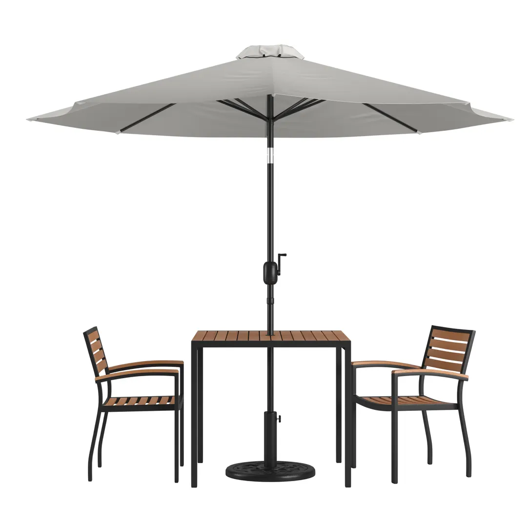 Flash Furniture XU-DG-810060062-UB19BGY-GG 35" Square Patio Dining Table Set with Gray Umbrella and 2 Stacking Chairs