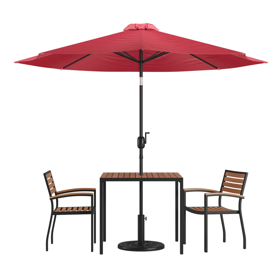 Flash Furniture XU-DG-810060062-UB19BRD-GG 35" Square Patio Dining Table Set with Red Umbrella, 29"H, 2 Stacking Chairs