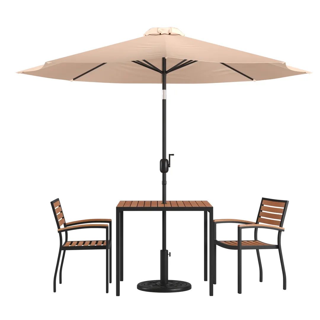 Flash Furniture XU-DG-810060062-UB19BTN-GG 35" Square Patio Dining Table Set with 2 Stacking Chairs, Tan Umbrella, Steel Frame