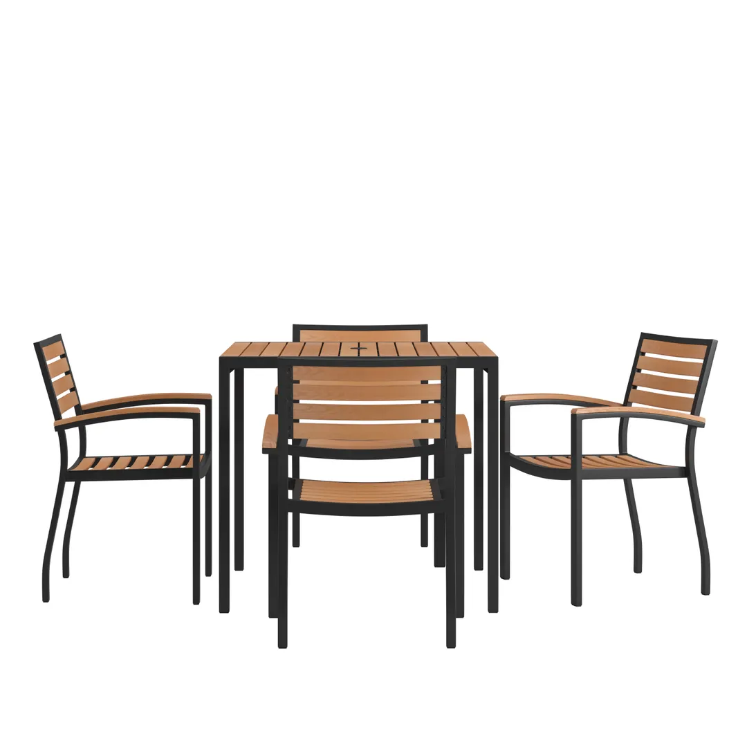 Flash Furniture XU-DG-810060064-GG 35" Square Patio Dining Table Set, Synthetic Teak Top, Steel Frame, 4 Stacking Chairs