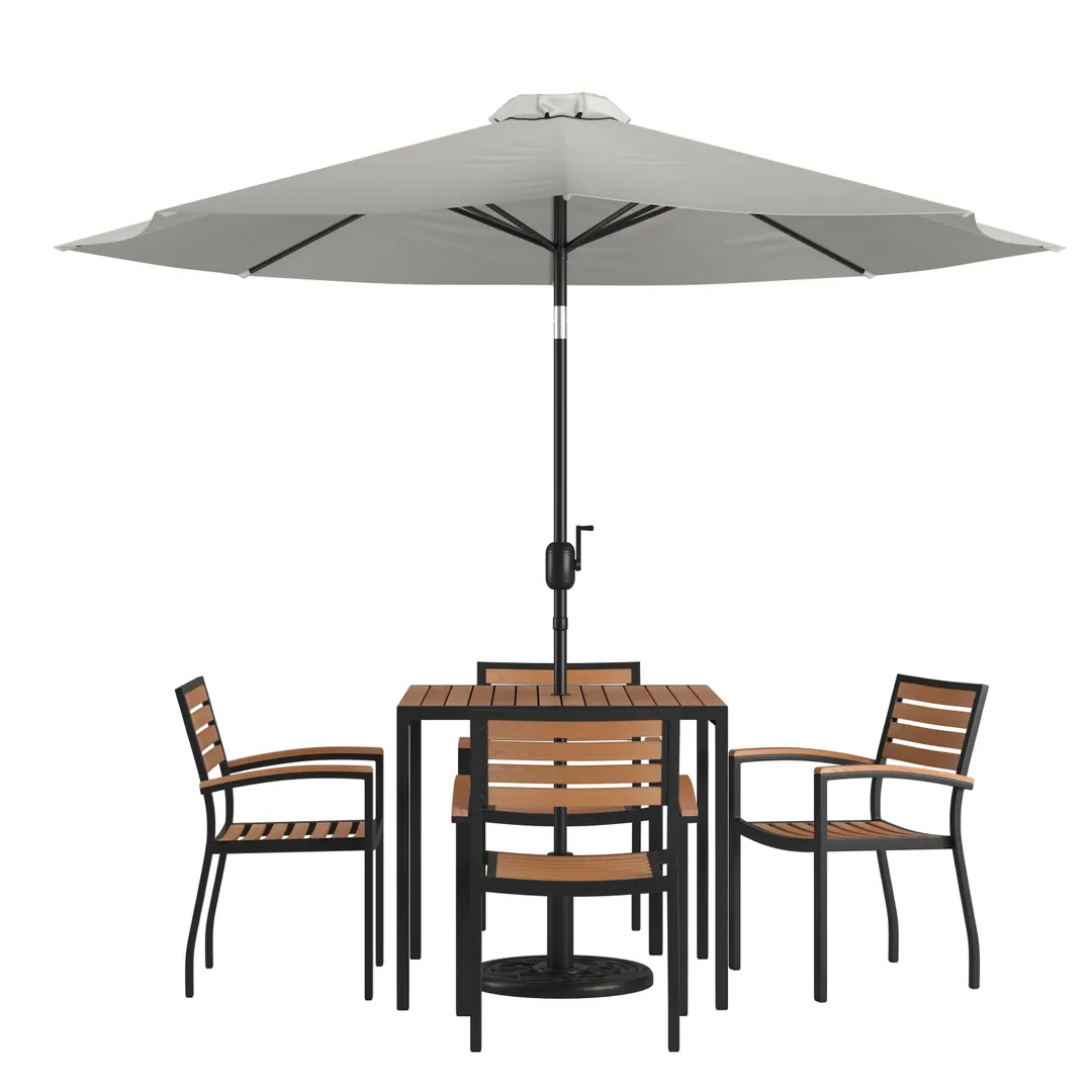 Flash Furniture XU-DG-810060064-UB19BGY-GG 35" Square Patio Dining Table Set with 4 Stacking Chairs, Gray Umbrella, Steel Frame