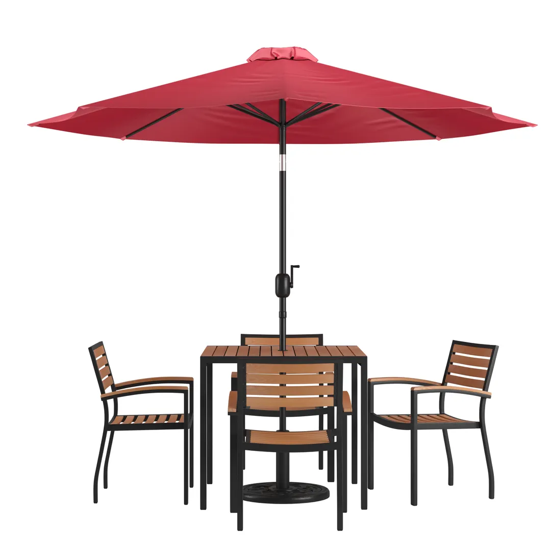 Flash Furniture XU-DG-810060064-UB19BRD-GG 35" Square Patio Dining Table Set with Red Umbrella, 4 Stacking Chairs, 29"H