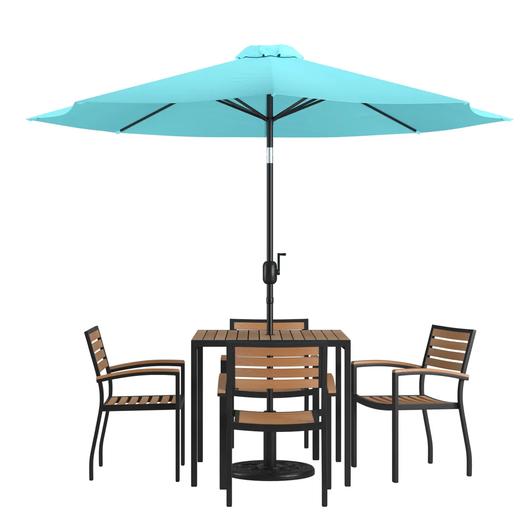 Flash Furniture XU-DG-810060064-UB19BTL-GG 35" Square Patio Dining Table Set with Teal Umbrella and 4 Stacking Chairs