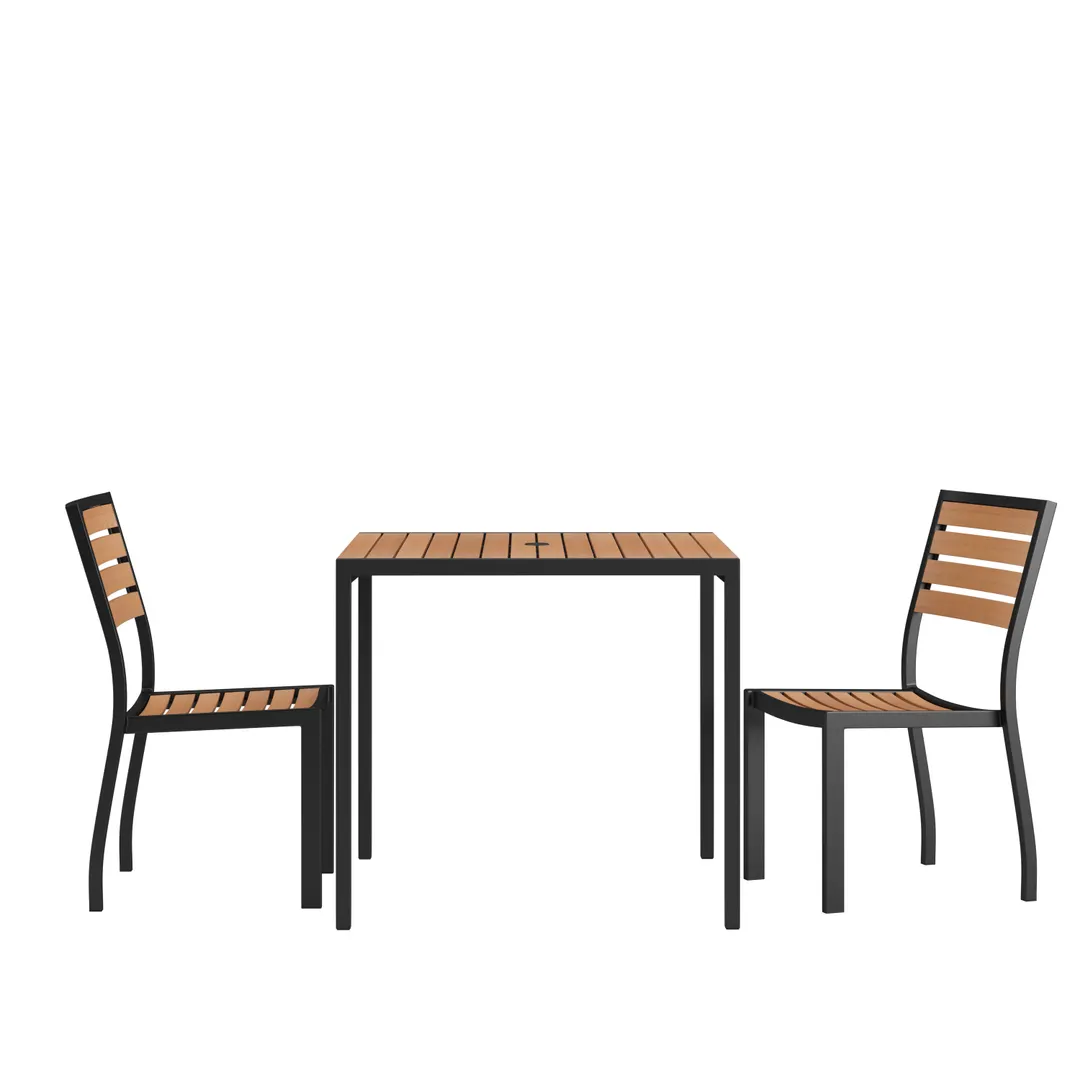 Flash Furniture XU-DG-810060362-GG 35" Square Patio Dining Table Set, Synthetic Teak, 29"H, 2 Stacking Chairs