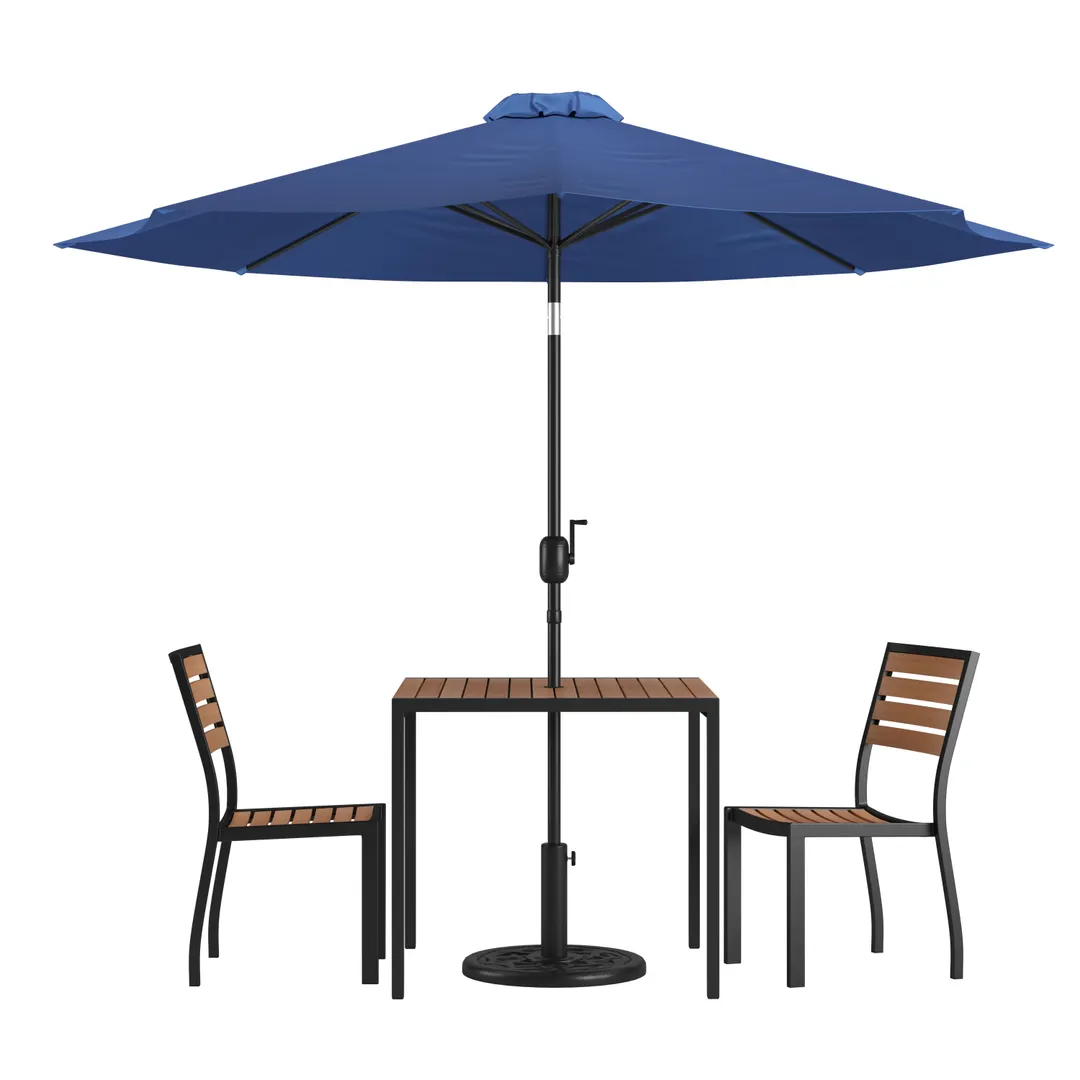 Flash Furniture XU-DG-810060362-UB19BNV-GG 35" Square Patio Dining Table Set, Navy Umbrella, 2 Stacking Faux Teak Chairs