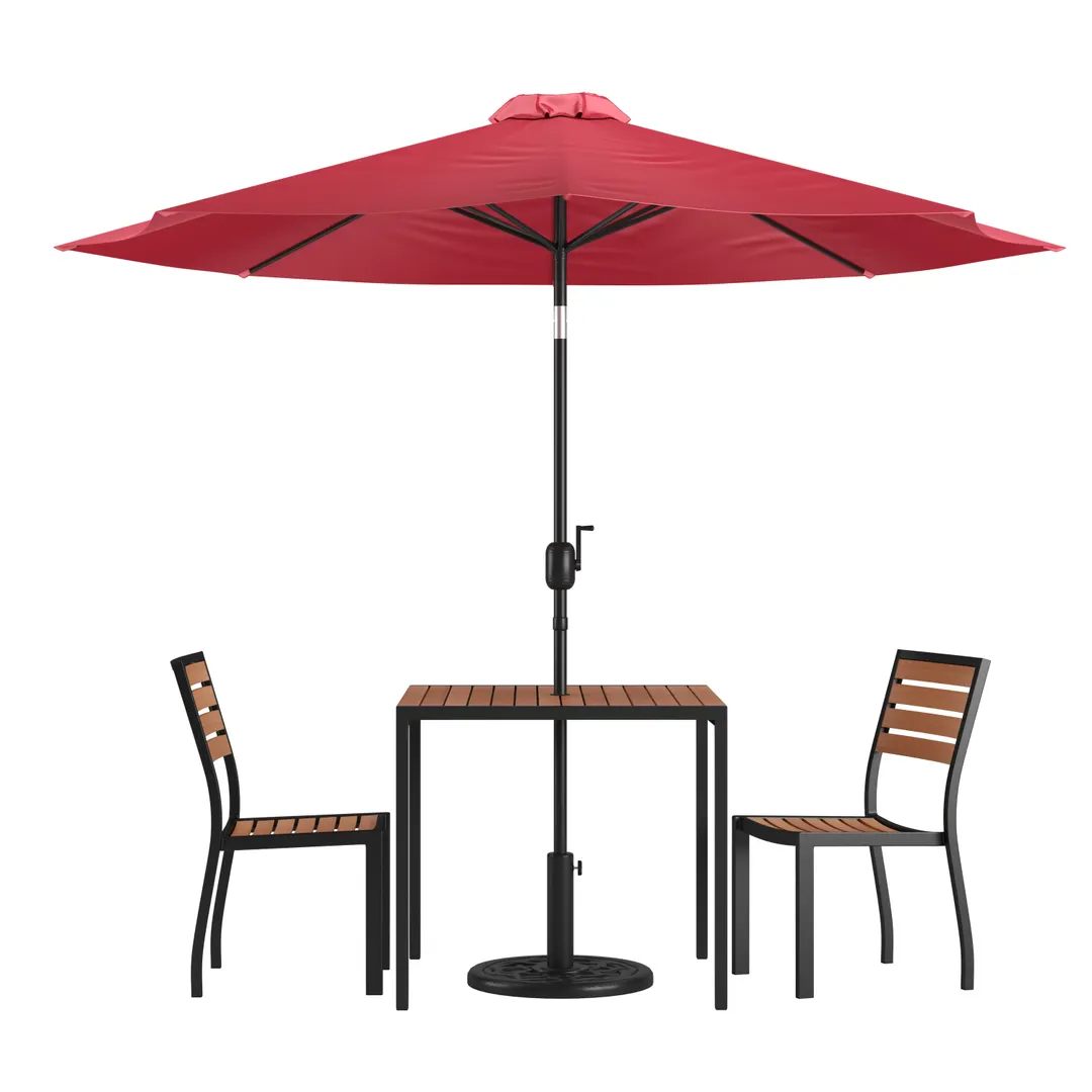 Flash Furniture XU-DG-810060362-UB19BRD-GG 35" Square Patio Dining Table Set with Red Umbrella and 2 Stacking Chairs