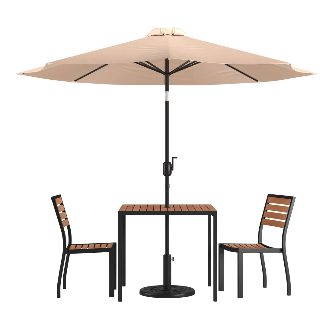 Flash Furniture XU-DG-810060362-UB19BTN-GG 35" Square Patio Dining Table Set with 2 Stacking Faux Teak Chairs, Tan Umbrella, and Umbrella Base