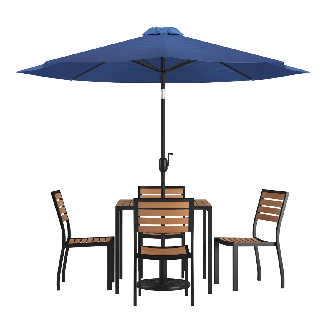 Flash Furniture XU-DG-810060364-UB19BNV-GG 35" Square Patio Dining Table Set with 4 Stacking Faux Teak Chairs, Navy Umbrella, and Umbrella Base