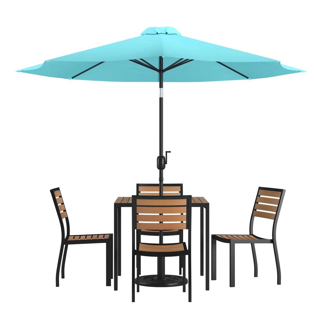 Flash Furniture XU-DG-810060364-UB19BTL-GG 35" Square Patio Dining Table Set, 29"H, Teal Umbrella, 4 Stacking Faux Teak Chairs