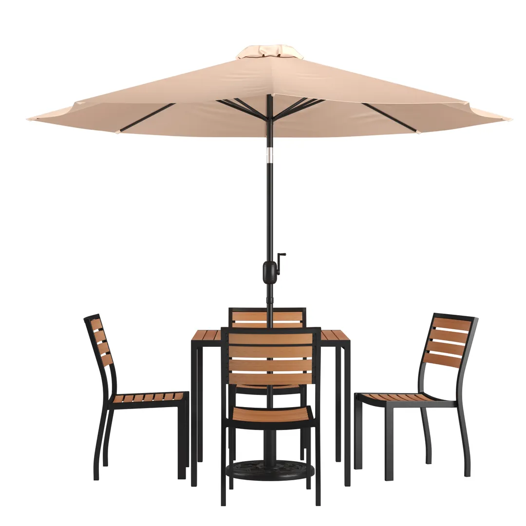 Flash Furniture XU-DG-810060364-UB19BTN-GG 35" Square Patio Dining Table Set with 4 Stacking Faux Teak Chairs, Tan Umbrella, and Umbrella Base