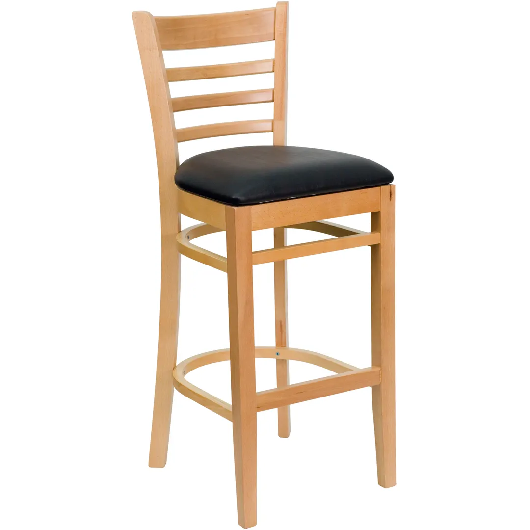 Flash Furniture XU-DGW0005BARLAD-NAT-BLKV-GG Bar Stool, Ladder Back, Black Vinyl Seat, 2-1/2" Foam, Wood Frame