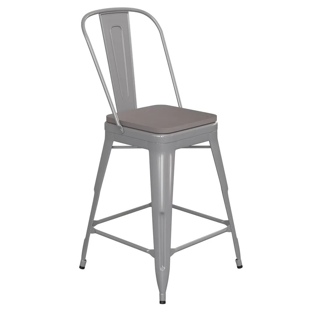 Flash Furniture CH-31320-24GB-SIL-PL2G-GG Kai Counter Height Bar Stool, 500 lb, Silver, Galvanized Steel, Gray Polypropylene Seat