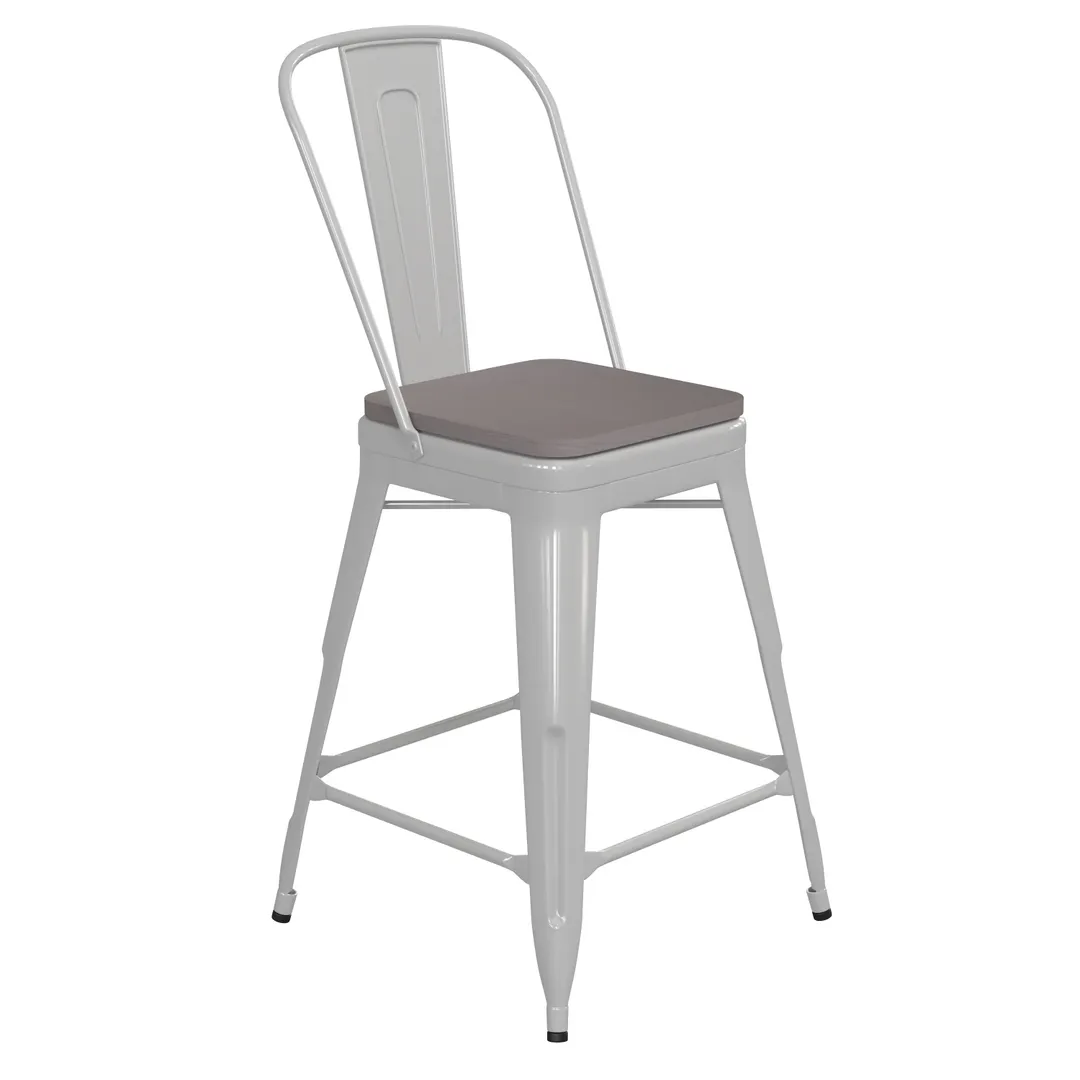 Flash Furniture CH-31320-24GB-WH-PL2G-GG Kai Counter Height Bar Stool, 500 lb. Weight Capacity, White Powder Coat Finish, Gray Polypropylene Seat