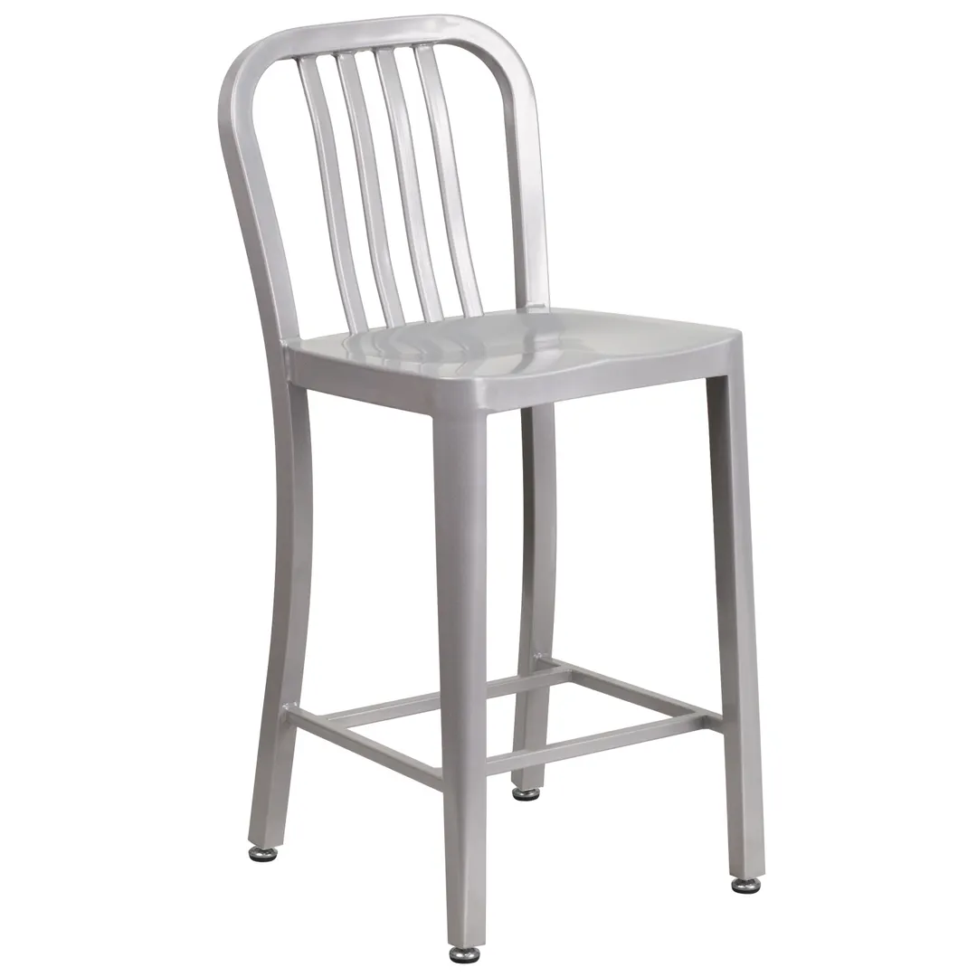 Flash Furniture CH-61200-24-SIL-GG Counter Height Bar Stool, 500 lb, Silver, Galvanized Steel, Slatted Back