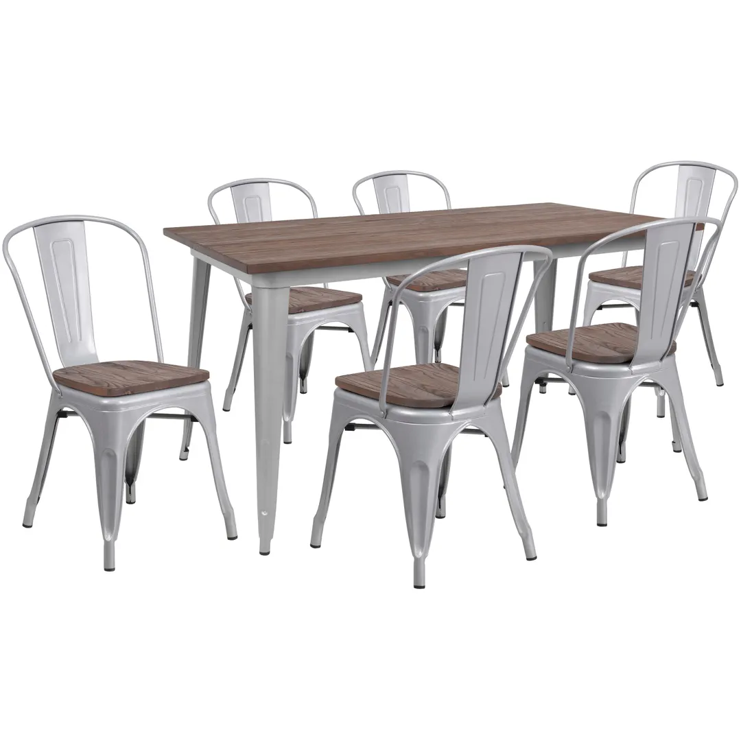 Flash Furniture CH-WD-TBCH-14-GG 30x60 Rectangular Table & 6 Chair Set, Elm Wood, Galvanized Steel, Silver