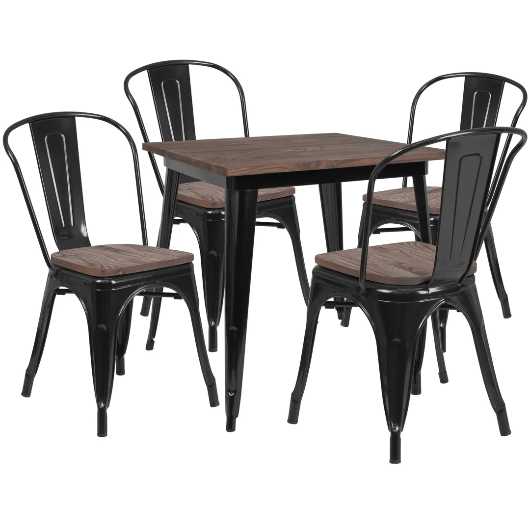 Flash Furniture CH-WD-TBCH-18-GG 31.5" Square Table & 4 Chair Set, Elm Wood Top, Galvanized Steel Frame, Black