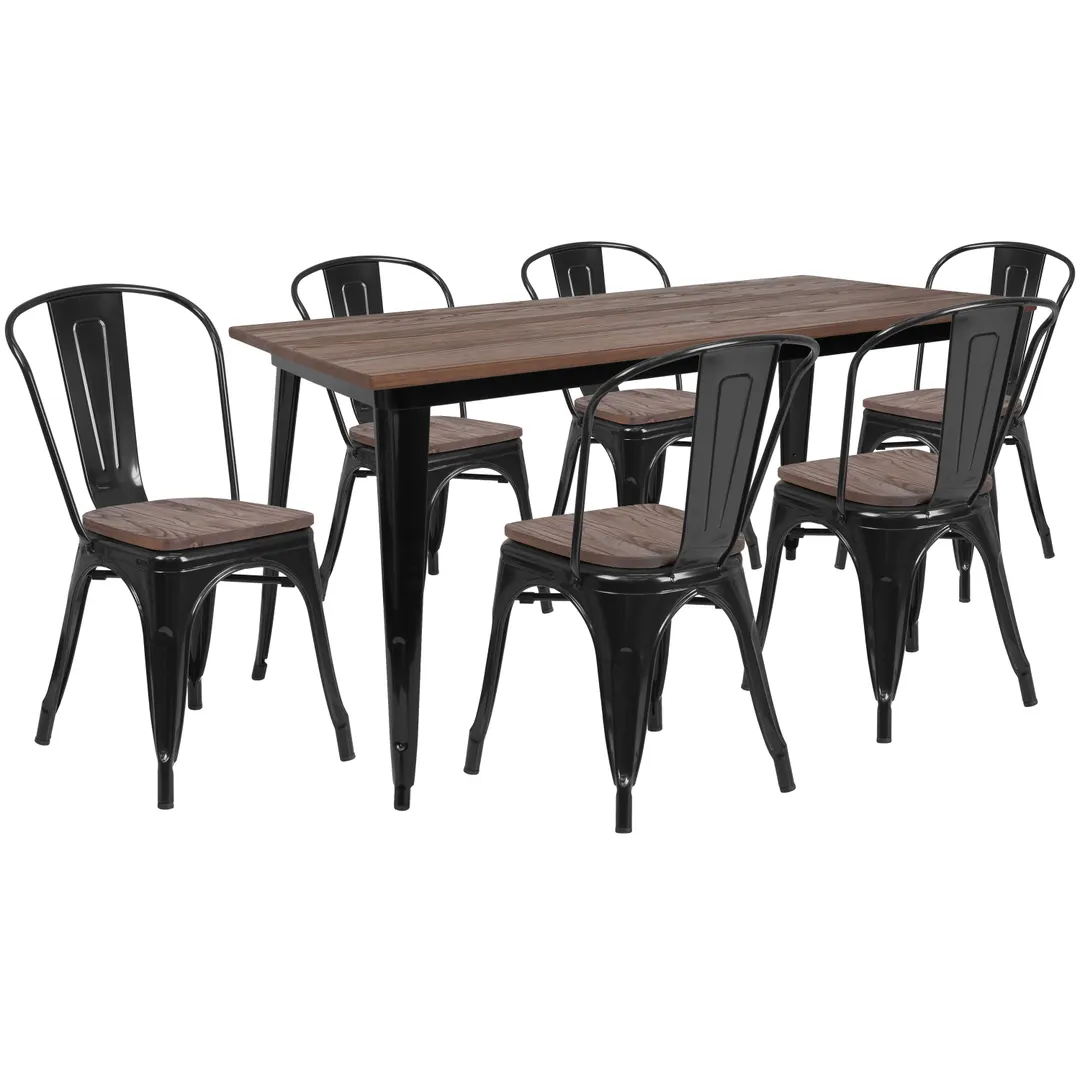 Flash Furniture CH-WD-TBCH-28-GG 30x60 Rectangular Table & 6 Stackable Chairs Set, Elm Wood Top, Galvanized Steel Frame, Black